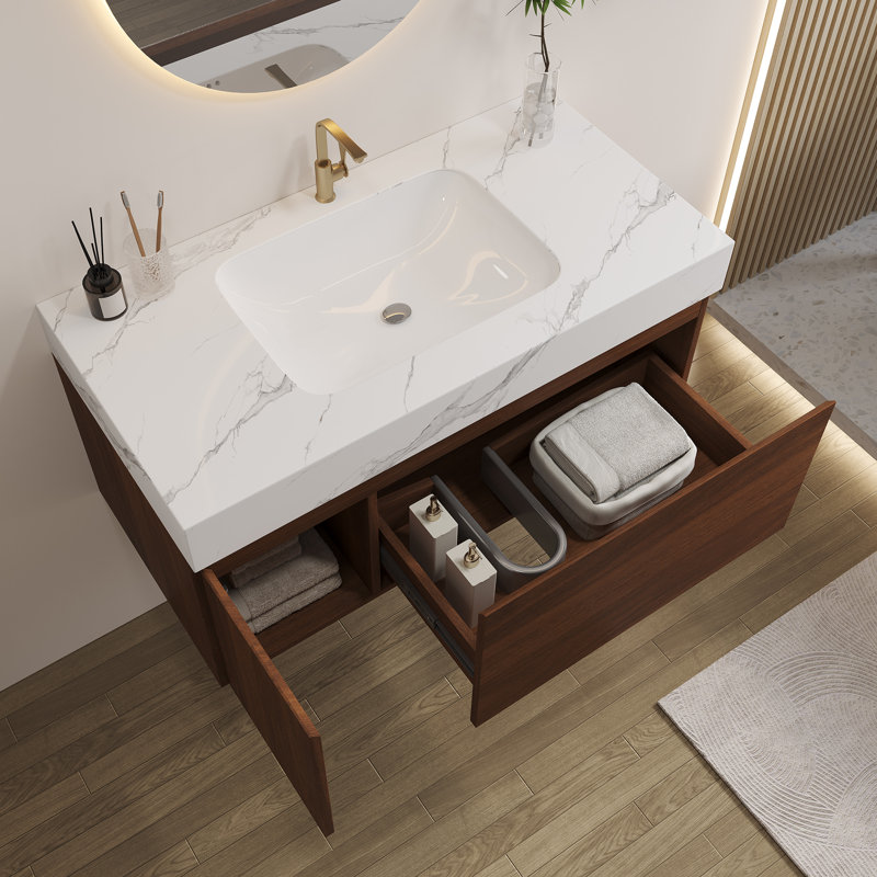 Meuble-lavabo suspendu de 91 cm (36 po) avec dessus en pierre frittée sans joint et lavabo en céramique – 1 tiroir à fermeture douce + 1 armoire, fixation murale