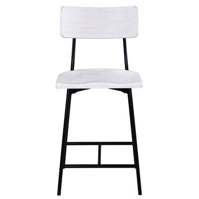 Tabouret de comptoir, dossier en forme, siège en bois de selle épais, structure en métal noir thermolaqué, glissières de bar réglables blanchies, repose-pieds moderne,