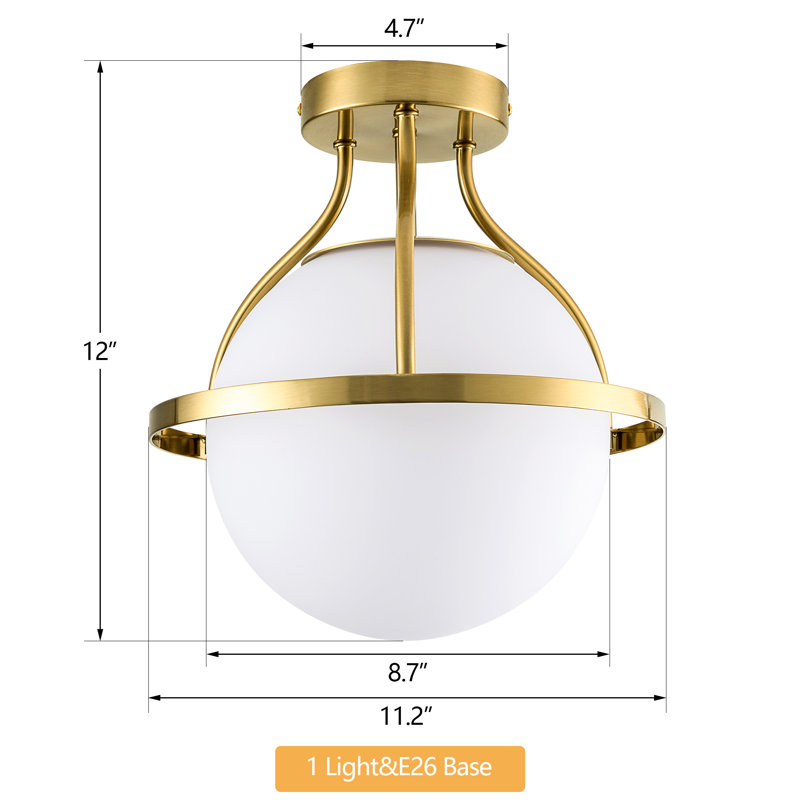11.2‘’-1 Light  Sphere Globe Frosted Glass Semi Flush Mount For Dining Room Hallway, Brushed Brass