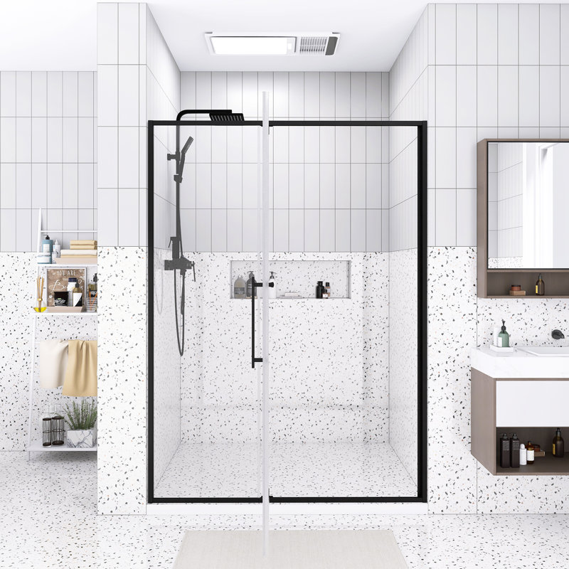 Porte de douche à pivot 50 x 54 po x H 74 po | Ouvert à l'extérieur | Arrêt à 105 degrés | Verre trempé 5/16 po | Noir mat