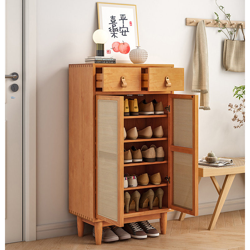 Japanese-style wicker and solid wood shoe cabinet, 47.3" H x 31.5" W x 13" D