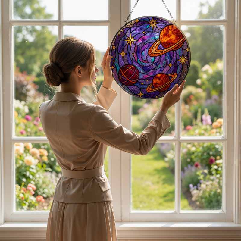 Panneau de vitrail en verre coloré 12 po H Cosmic Planets, H 12 po x l 12 po
