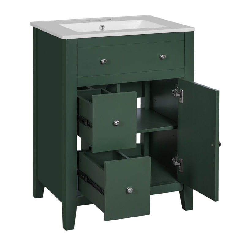 Meuble-lavabo moderne 24 po avec lavabo en céramique, meuble-lavabo pour salle de bain à 2 tiroirs, Vert