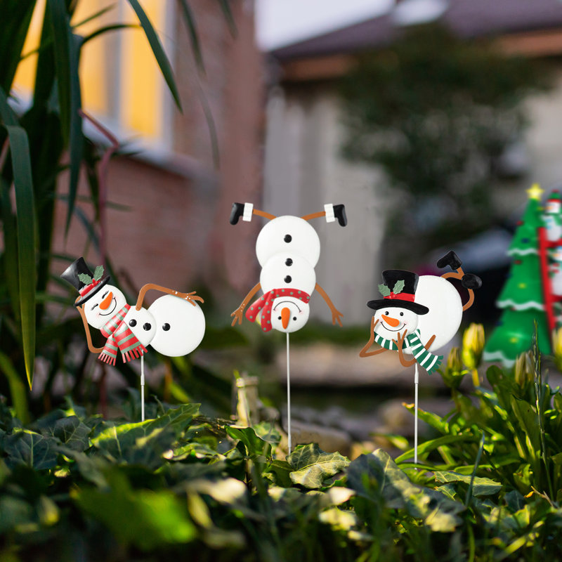 24"H Set Of 3 Christmas Metal Snowman Yard Stake Or Wall Decor(KD,Two Function)
