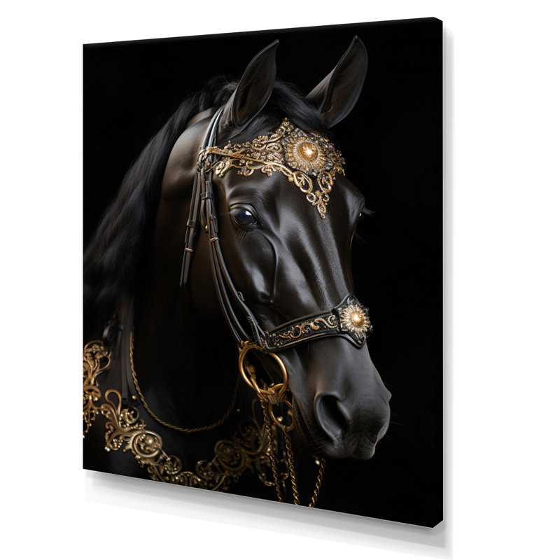 Cheval himalmanique noir et doré - Équitation dorée III - reproduction, H 32 po x l 16 po x P 1 po, Toile tendue