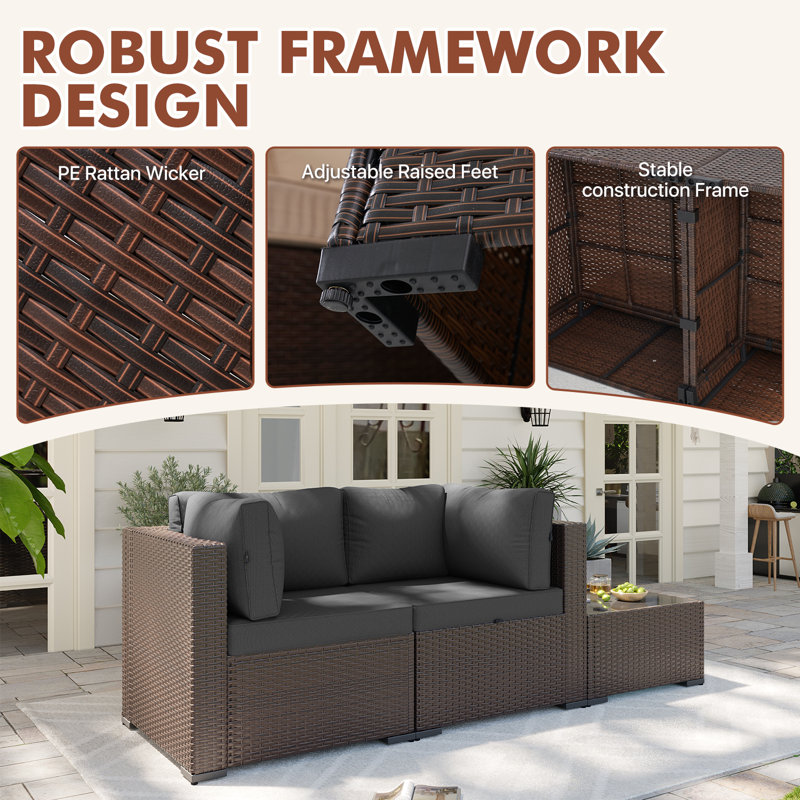 3 -Person Rattan Patio Safo With Cushions, Brown, Gray