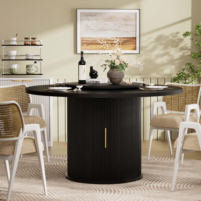 Table de salle à manger ronde de 55 pouces avec plateau rotatif et rangement à deux niveaux, parfaite pour les décors domestiques et multi-usages. （Table seulement）