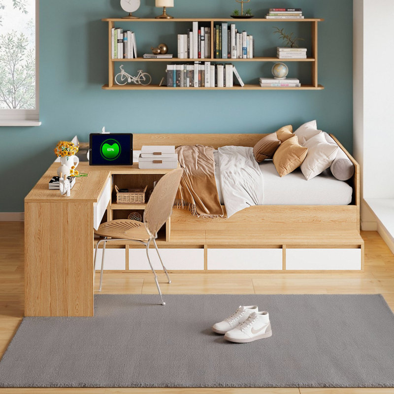 Lit plateforme double en bois avec 6 tiroirs et bureau de coiffeuse, lit de rangement multifonctionnel avec tablettes
