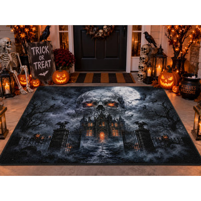 5' x 7' Halloween Outdoor Area Rug, Skull Cloud Haunted Mansion, Heavyweight Solid Waterproof PVC Coil Loop Carpet, Heavy Duty Quick-Dry Indoor Outdoor Mat for Porch, Deck, Balcony and Entryway
