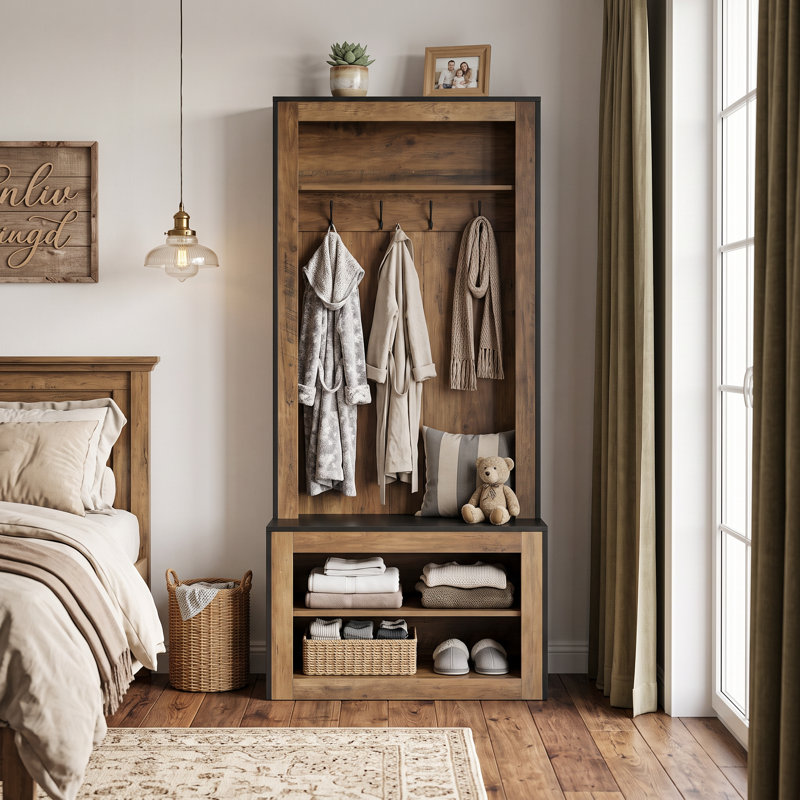 Portemanteau 70,87 "avec crochets et tablettes, portemanteau avec banc de rangement pour chaussures