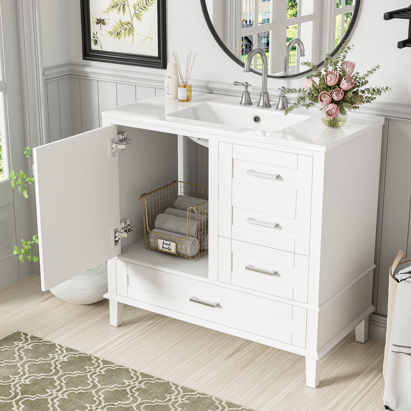 36" Single Bathroom Vanity With Ceramic Sink, White