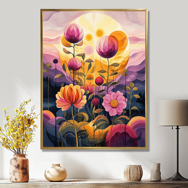 Fleurs mauves, paysage, soleil éclatant - botanique, art mural, Cadre doré flottant, bois massif, H 32 po x l 24 po