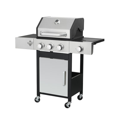 3-Burner Propane Gas BBQ Grill With Side Burner - High BTU Output, Enameled Cast Iron Cooking Grids, Stainless Steel