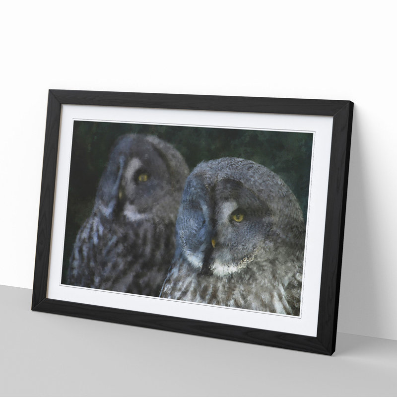 Great Grey Owls - Picture Frame Painting, Black Framed, 36cm H x 48cm W x 2cm D