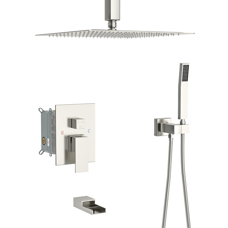 Brushed Nickel Shower Package: 16" Square Rainfall Head, Waterfall Spout, Handheld With 59" Hose & Holder Ceiling Mount In Nickel: Tub