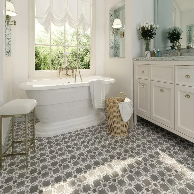 Carrelage floral en marbre Essian 12 x 12 Carrrara, gris oriental, Thassos (4,83 pieds carrés / caisse) - paquet de 5