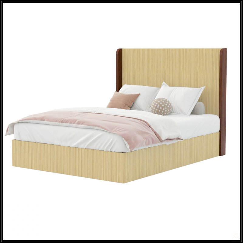 Structure de lit plateforme en bois dentelé grand format avec tête de lit à oreilles, assemblage facile, pas de sommier tapissier, finition bois naturel