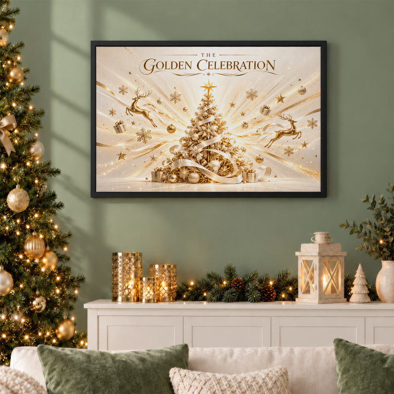 Arbre doré avec renne et cadeaux, art mural sur toile de Noël, H 20 po x l 30 po