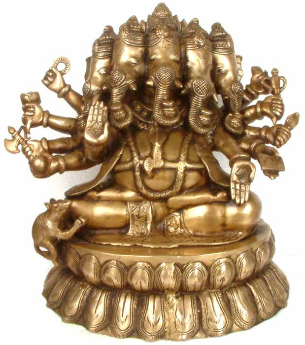 Brass Five-Headed Ganesha Statue, 17 in. H     Hindu Religious Figurine for Home Altar & Meditation Room