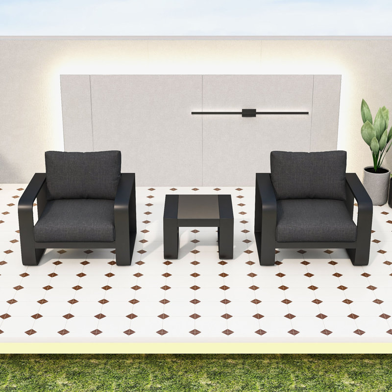 Obinna 3-Piece Outdoor Conversation Set with Removable Cushions and Tempered Glass Coffee Table
