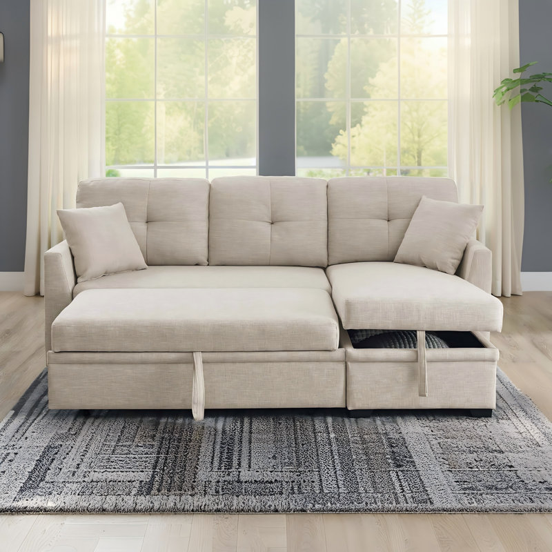 Canapé-lit modulaire moderne en L escamotable avec méridienne de rangement, Beige, 34" H x 76.5" W x 50" D