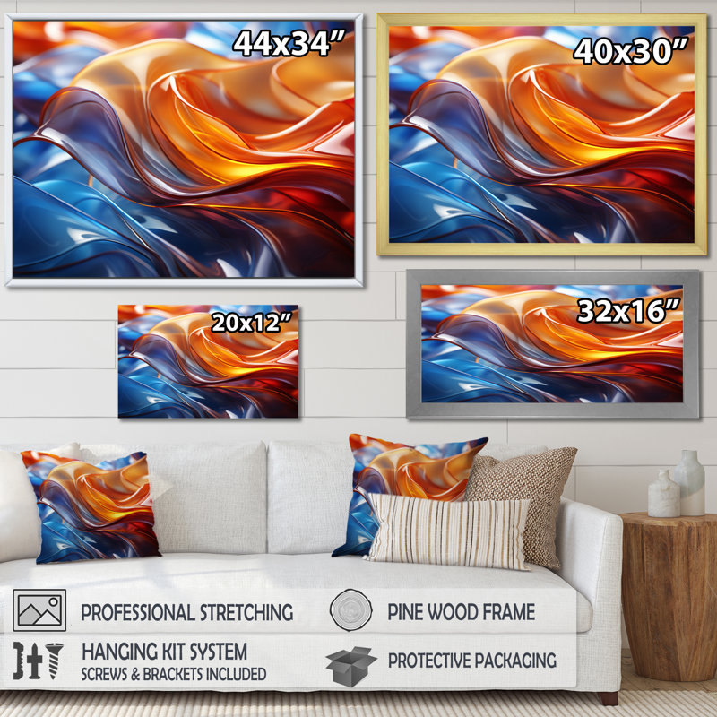 Orange et bleu, fractale surréaliste II - art mural abstrait, Cadre flottant noir, H 16 po x l 32 po