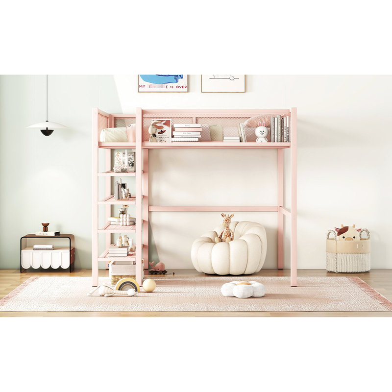 Lit mezzanine en métal avec finition rose et potentiel artisanal pour la créativité - Fourniture de 4 tablettes à configuration polyvalente Structure pleine grandeur Organisation stable fiable
