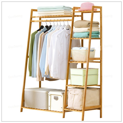 Portant à vêtements en bambou, portemanteau autoportant avec porte-chaussures, organisateur de garde-robe à plusieurs niveaux pour vestibule, salon, chambre à coucher, vestibule
