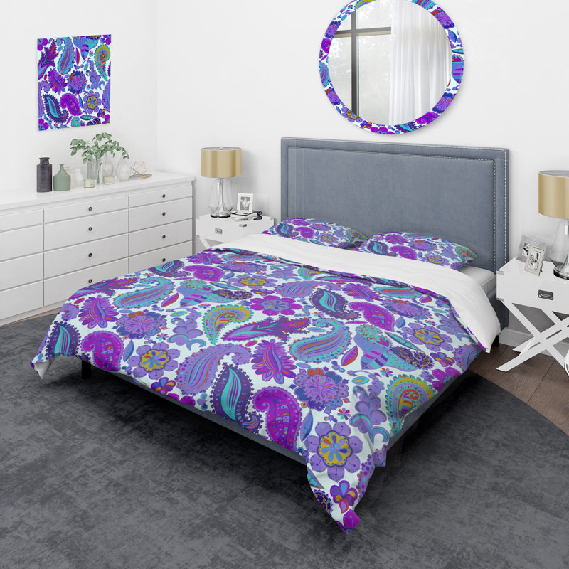 Ensemble de housse de couette à motif floral à motif cachemire mauve et bleu, Housse de couette pour très grand lit et 2 très