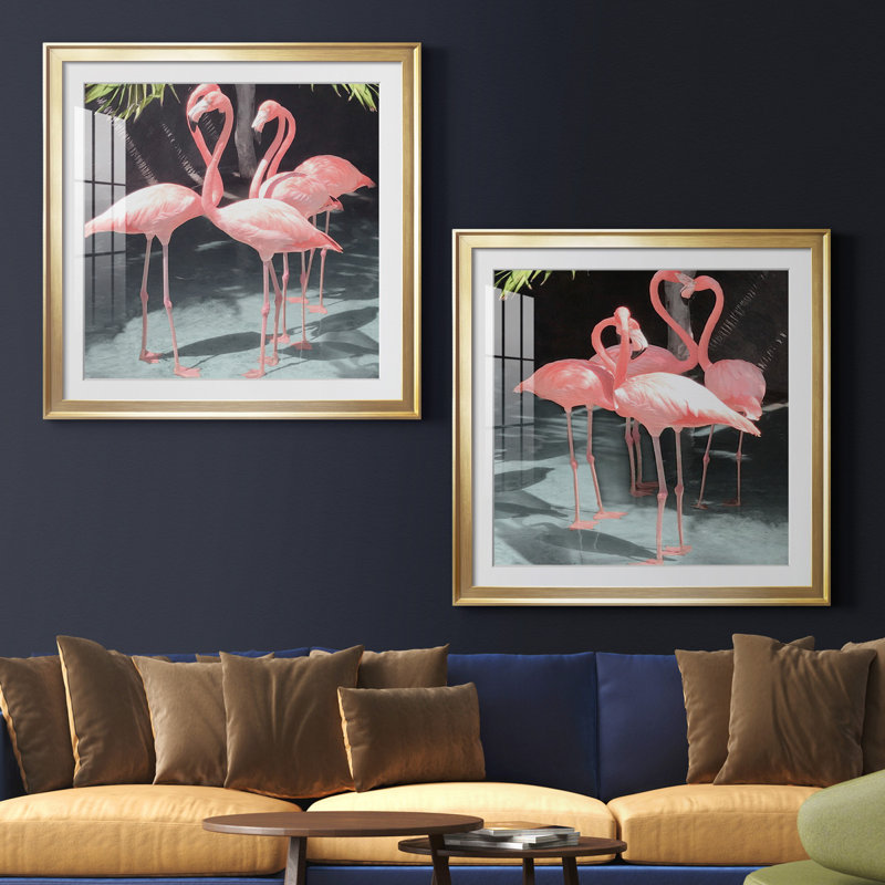 Flamingo Inlet I - ensemble de 2 reproductions d'art graphique, H 26,5 po x l 53 po x P 1,5 po, Papier encadré doré, Blanc