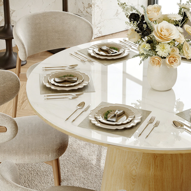 Maxwell 53" Round Dining Table for 6, Sintered Stone Tabletop with Solid Oak Base, Oak