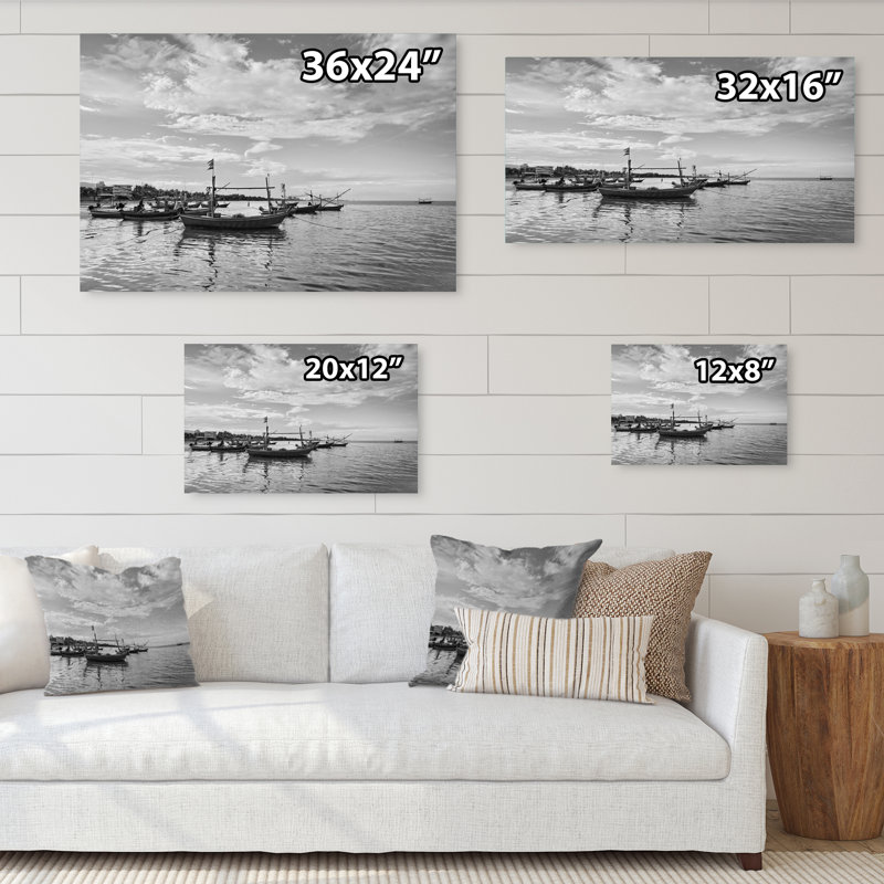 " Black And White Fisherman Scenery ", 8" H x 12" W x 1" D, Wrapped Canvas