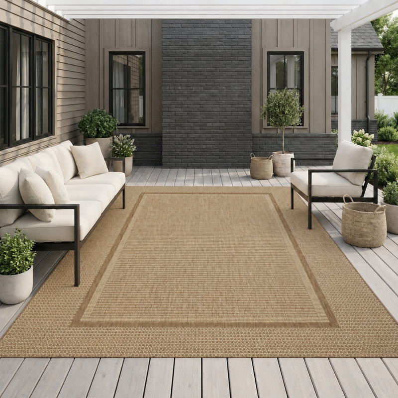 UV-resistant Geometric Beige/Brown Indoor/Outdoor Area Rug, Rectangle 5' x 7'