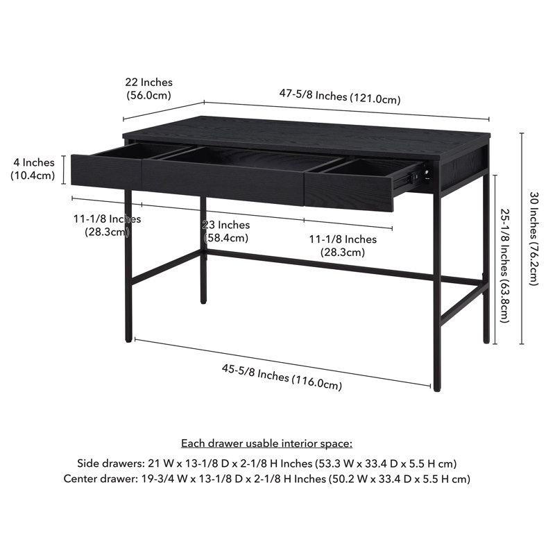 47.75'' W Mid-Century 3-Drawer Writing Desk, Black