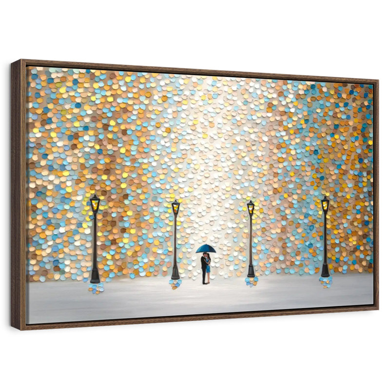 Baiser sous la pluie dorée, Cadre flottant noyer, 40 po x 27 po