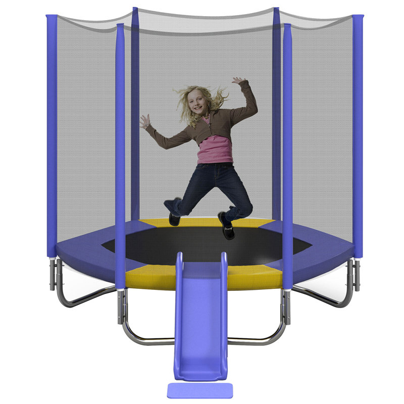 7FT Trampoline For Kids With Safety Enclosure Net, Slide And Ladder, Round Outdoor Recreational Trampoline, Purple