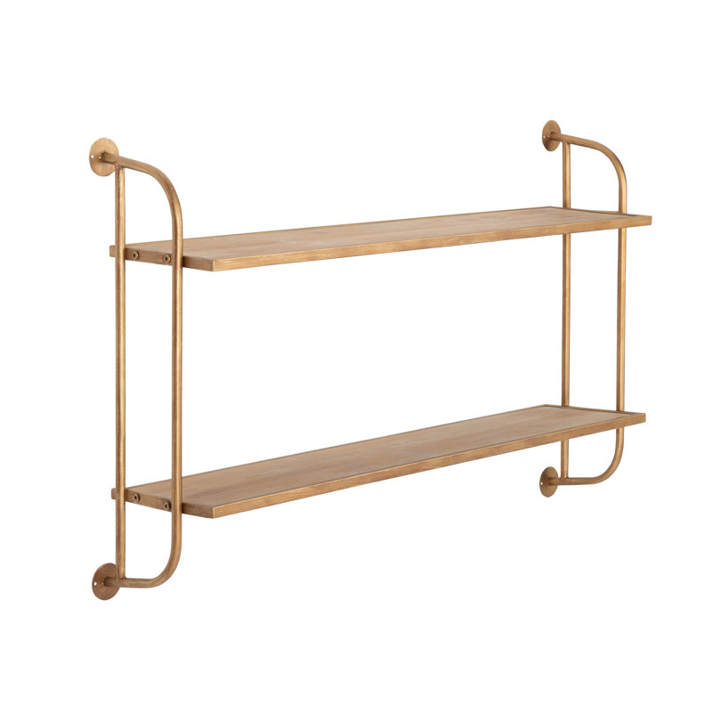 Emery Wood & Metal 2 Tier Wall Shelf, Gold, 25" H x 38" W x 8" D