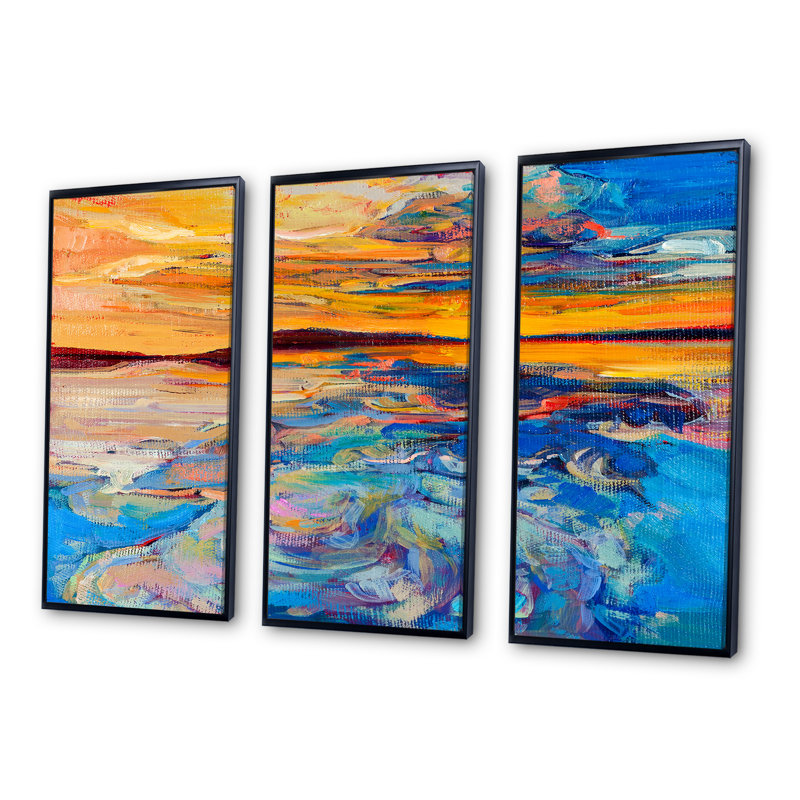 «Orange Sunset Over Whirly Blue Waves», peinture sur toile flottante 3 pièces, H 28 po x l 36 po, Noir