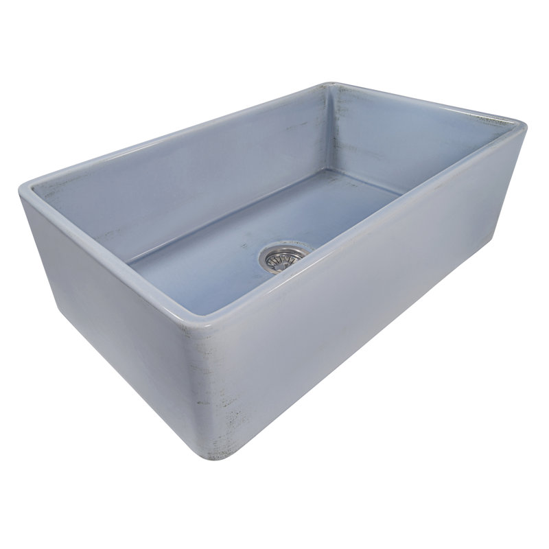 Fiamma 33" L x 20" W Farmhouse Kitchen Sink with Sink Grid and Drain Assembly, Distressed Coastal Blue
