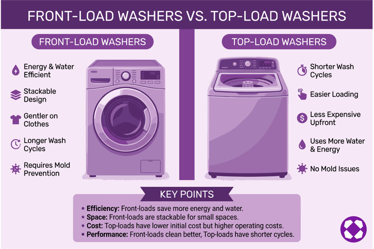 Front-load washer vs top-load washer infographic comparing energy-efficient front loaders with stackable designs and top loaders with faster cycles and easier loading