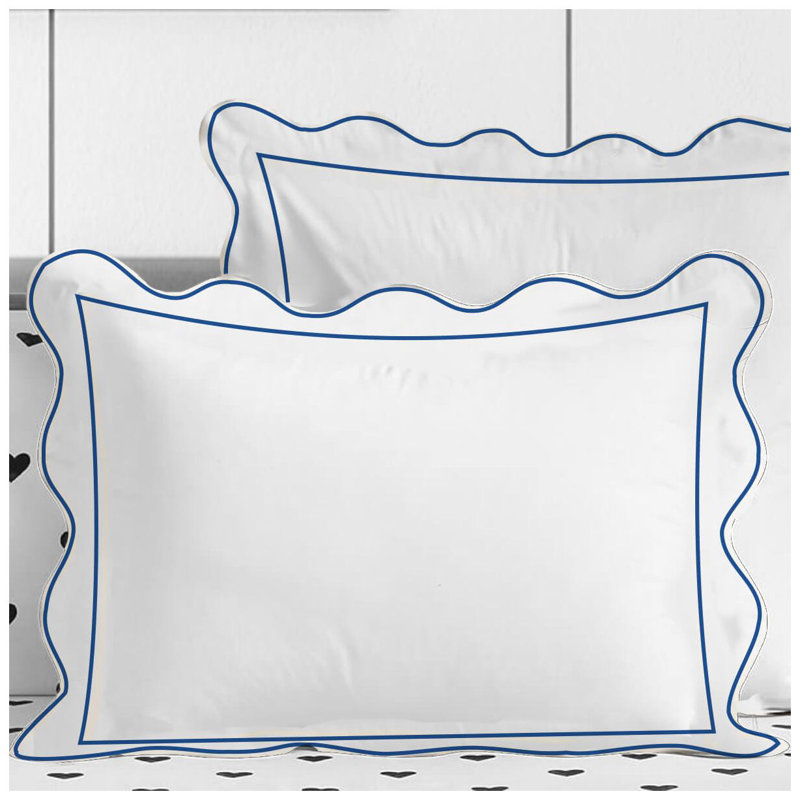 400TC Cotton Scallop Embroidery & Border Sateen Solid Duvet Cover Set, California King/King Duvet Cover, White/Navy Blue