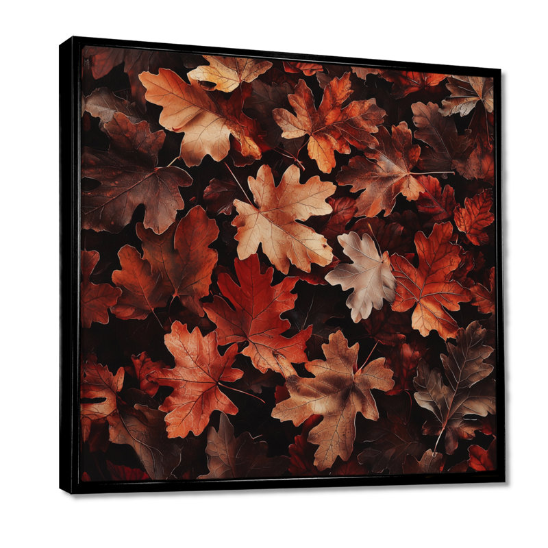 Red Falling Oak Leaves II - feuilles, reproduction sur toile, H 16 po x l 16 po, Impression encadrée flottante