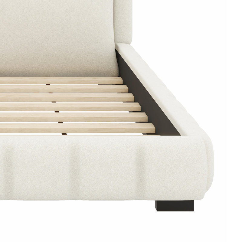 Classic Upholstered Platform Bed Frame with 2 Pillows, White, Queen