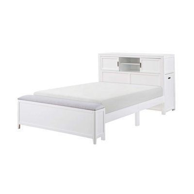 Lit plateforme multifonctionnel à finition blanche avec tête de lit bibliothèque, bureau caché et solutions de rangement pour les chambres d'enfants (matelas non inclus)