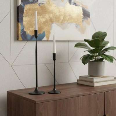 Set of Two Black Distressed Metal Tabletop Taper Candle Holders