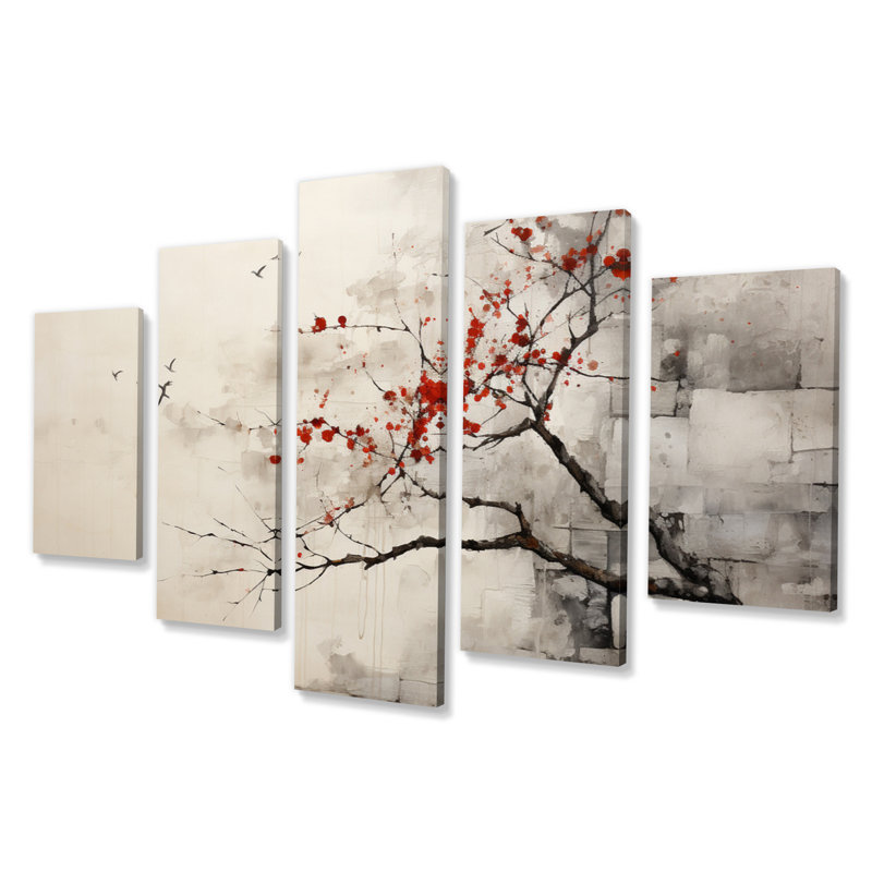  «Red Leafs Tree Whispers Of Grey I - Décoration murale florale - 5 panneaux