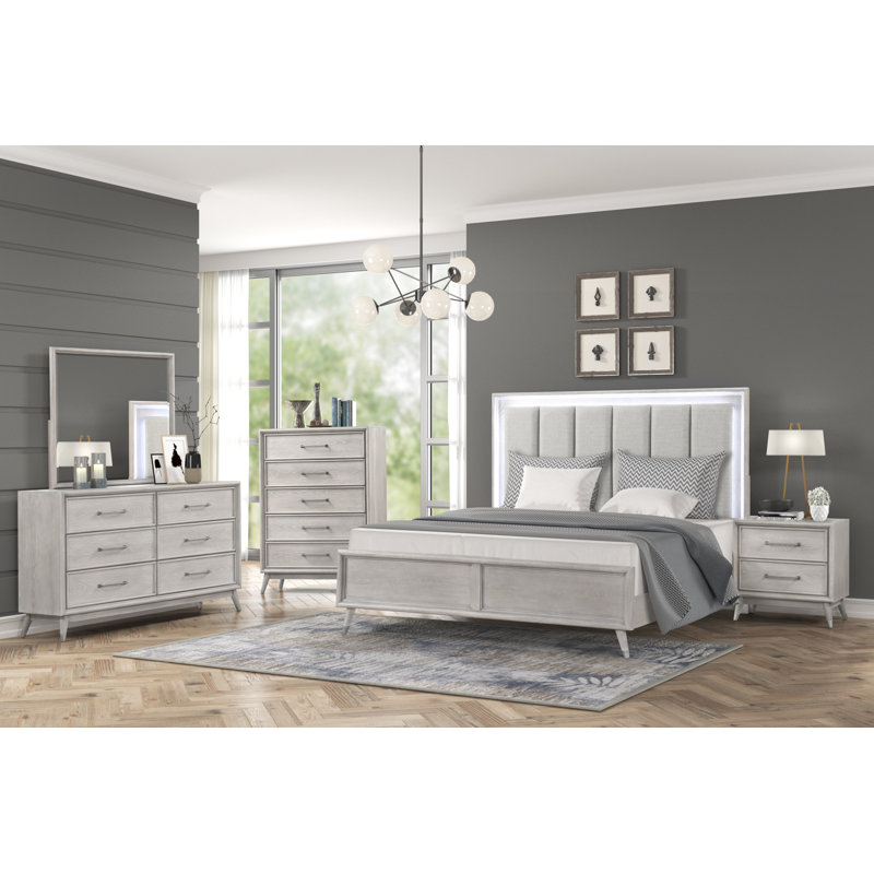 Ensemble de chambre à coucher 5 pièces avec éclairage à DEL Haak, finition chêne gris Haak, Très grand