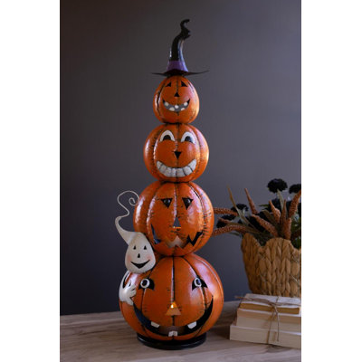 FOUR STACK PAINTED JACK-O-LANTERN WITH WITCH HAT