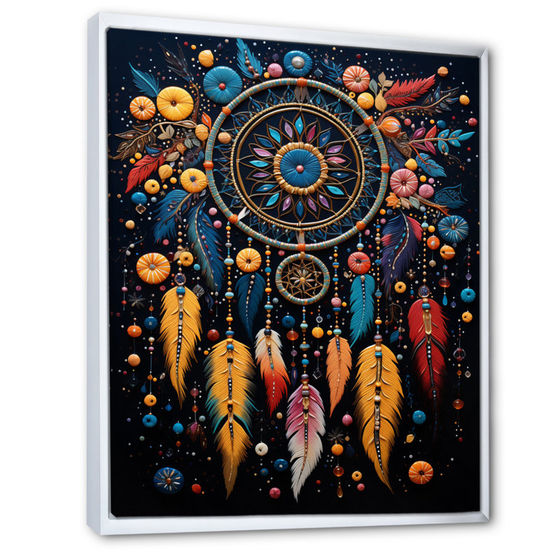 «Teal Dream Catcher Folklore Whispers II», reproduction sur toile, H 44 po x l 34 po x P 1,5 po, Cadre flottant blanc