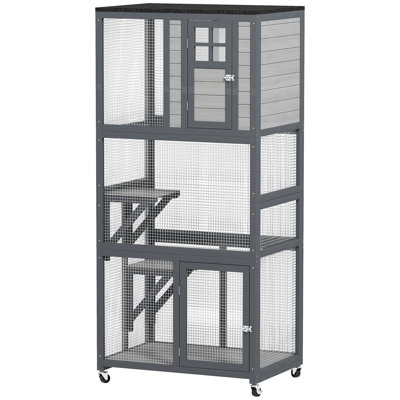 74" Wooden Outdoor Cat House Catio with High Weight Capacity, Cat Cage Condo, Dark Gray